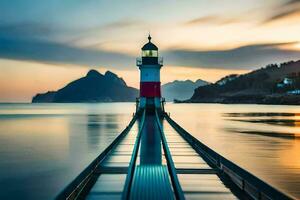 a lighthouse stands on a pier in the middle of the ocean. AI-Generated photo