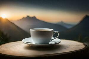 un taza de café en un de madera tocón en el montañas. generado por ai foto