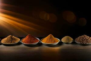 spices in bowls on a wooden table. AI-Generated photo