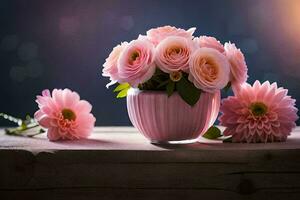 pink flowers in a vase on a table. AI-Generated photo