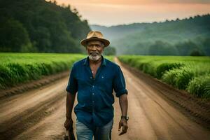 un hombre en un sombrero camina abajo un suciedad la carretera. generado por ai foto