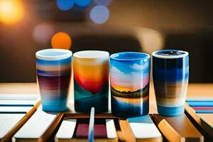 a group of colorful cups sitting on a table. AI-Generated photo