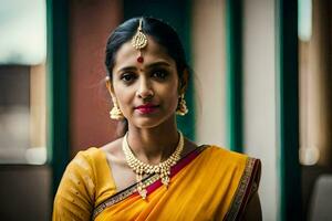 a beautiful indian woman in a yellow sari. AI-Generated photo