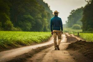 a man walking down a dirt road in the middle of a field. AI-Generated photo