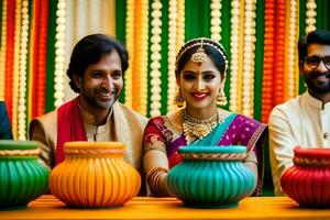 a couple and their friends are smiling in front of colorful pots. AI-Generated photo