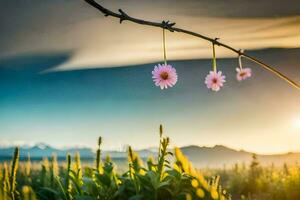 pink flowers hanging from a branch in front of a sunset. AI-Generated photo