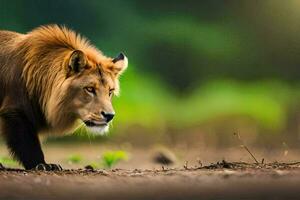 un león caminando en el campo. generado por ai foto