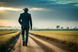 a man in a suit and hat walks down a dirt road. AI-Generated photo