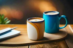 two mugs of coffee on a wooden table. AI-Generated photo