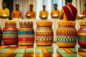 colorful pots on a floor with people in the background. AI-Generated photo