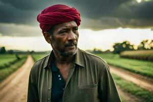 a man in a red turban stands in a field. AI-Generated photo
