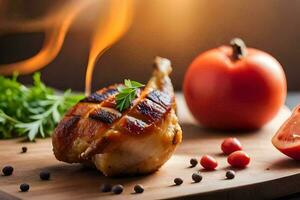 grilled chicken on a cutting board with tomatoes and herbs. AI-Generated photo