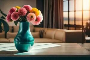 a vase of flowers on a table in front of a couch. AI-Generated photo