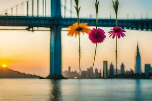 flowers hanging from a bridge over water. AI-Generated photo