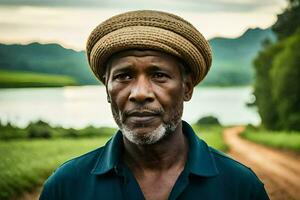 a man wearing a hat stands in front of a lake. AI-Generated photo