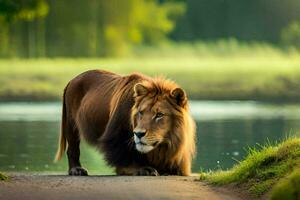 a lion is walking along a path near a river. AI-Generated photo