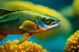 a fish with bright green eyes and yellow flowers. AI-Generated photo