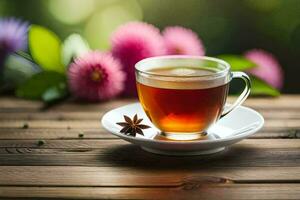 a cup of tea on a wooden table with flowers. AI-Generated photo