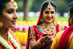 un novia en tradicional indio atuendo es sonriente a su novio. generado por ai foto