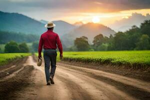 a man in a hat walks down a dirt road. AI-Generated photo