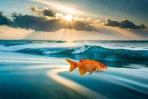 un pescado nadando en el Oceano a puesta de sol. generado por ai foto