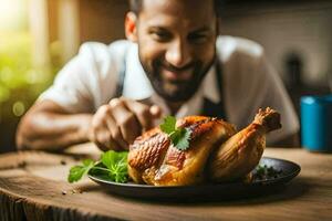 un hombre es comiendo un asado pollo en un lámina. generado por ai foto