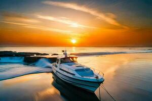 un barco es navegación en el Oceano a puesta de sol. generado por ai foto