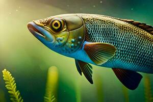 pescado en el agua con césped y plantas. generado por ai foto