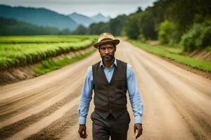 a man in a hat and vest walking down a dirt road. AI-Generated photo