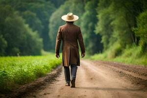 un hombre en un sombrero y Saco caminando abajo un suciedad la carretera. generado por ai foto