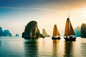 Tres barcos en el agua cerca algunos montañas. generado por ai foto