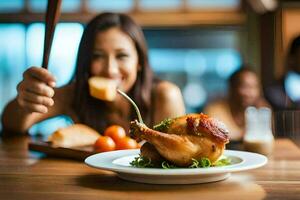 a woman is eating a chicken with a fork. AI-Generated photo