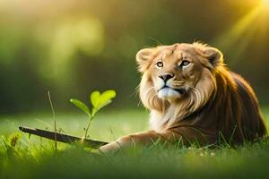 a lion is sitting in the grass with a stick. AI-Generated photo