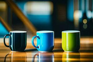 three colorful coffee mugs on a wooden table. AI-Generated photo