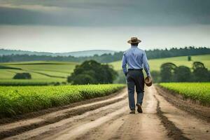 a man in a hat walks down a dirt road. AI-Generated photo