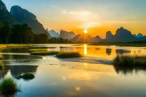 the sun rises over the li river in china. AI-Generated photo