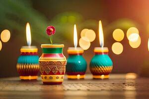 vistoso floreros con velas y flores en un mesa. generado por ai foto