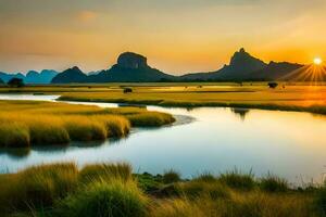 el Dom sube terminado el montañas y el río. generado por ai foto