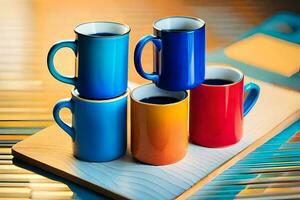 four colorful coffee mugs on a cutting board. AI-Generated photo