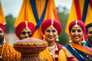 a group of people in colorful turbans. AI-Generated photo