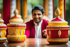 a man smiles while sitting in front of colorful pots. AI-Generated photo