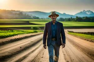 a man in a hat walks down a dirt road. AI-Generated photo