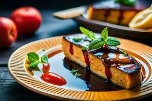apple pie with caramel sauce and fresh mint leaves. AI-Generated photo