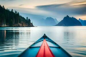 a canoe is floating in the water near mountains. AI-Generated photo