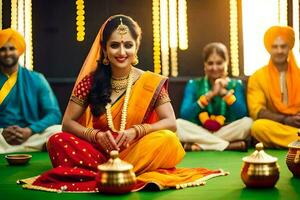 indian bride in traditional attire sitting on the floor with her family. AI-Generated photo