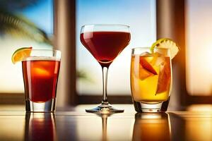 three different types of alcoholic drinks on a table. AI-Generated photo