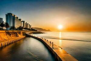 the sun sets over the ocean and buildings in rio. AI-Generated photo