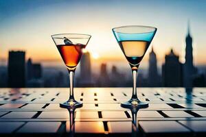 two glasses of alcohol on a table with a city skyline in the background. AI-Generated photo