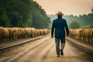 un hombre en un traje y sombrero camina abajo un la carretera con oveja. generado por ai foto