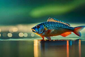 a fish is standing on the water with a blurry background. AI-Generated photo